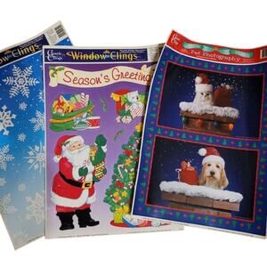 Vintage 90s Christmas Window Clings Cats Dogs Snowflakes Santa Holiday